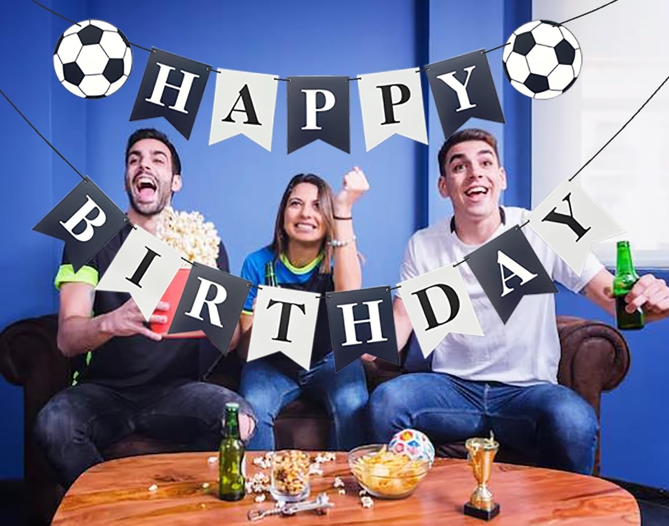 Runhiskii Soccer Birthday Banner – Black & White Happy Birthday Flags for Sports Parties