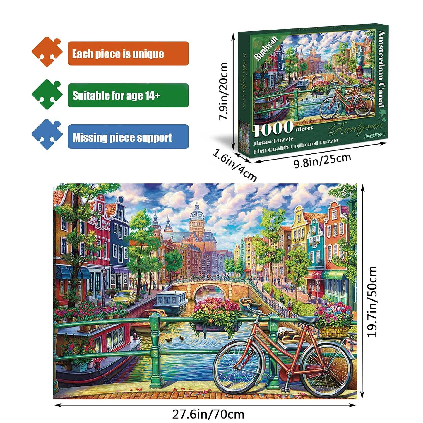 Runlycan 1000-Piece Jigsaw Puzzle: Amsterdam Canal Scene for Adults, Family Fun & Relaxing Challenge