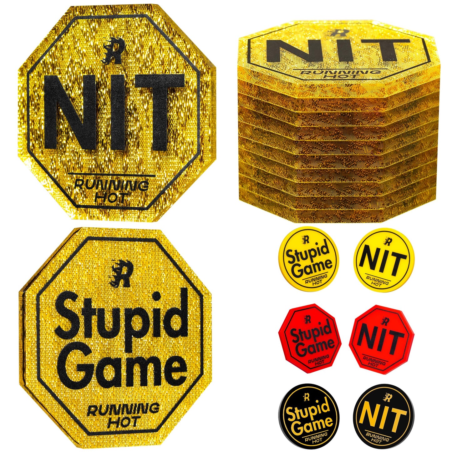 RUNNING HOT 10-Pc Nit Button Set for Texas Hold'em & Omaha – Stand-Up Poker (Octagon Gold)