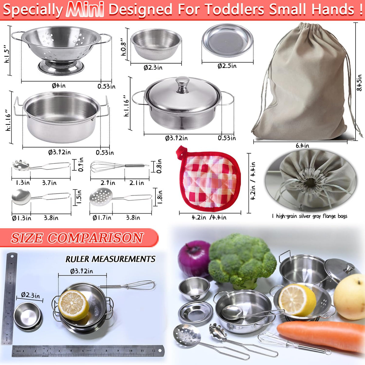 Rupnoflbui Mini Kids Kitchen Set — 11-Piece Stainless Steel Pretend Play Pots, Pans & Utensils