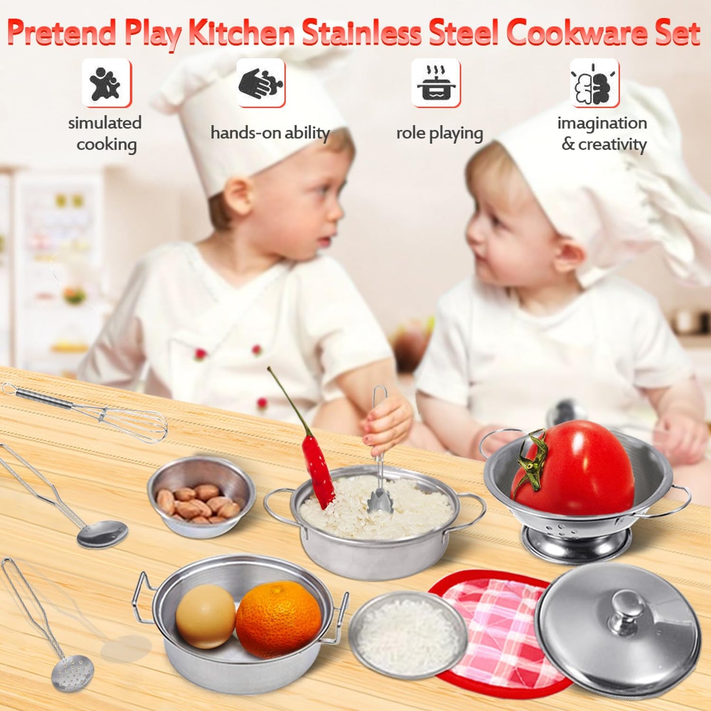 Rupnoflbui Mini Kids Kitchen Set — 11-Piece Stainless Steel Pretend Play Pots, Pans & Utensils
