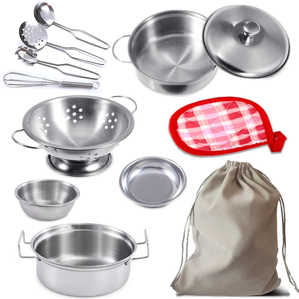 Rupnoflbui Mini Kids Kitchen Set — 11-Piece Stainless Steel Pretend Play Pots, Pans & Utensils