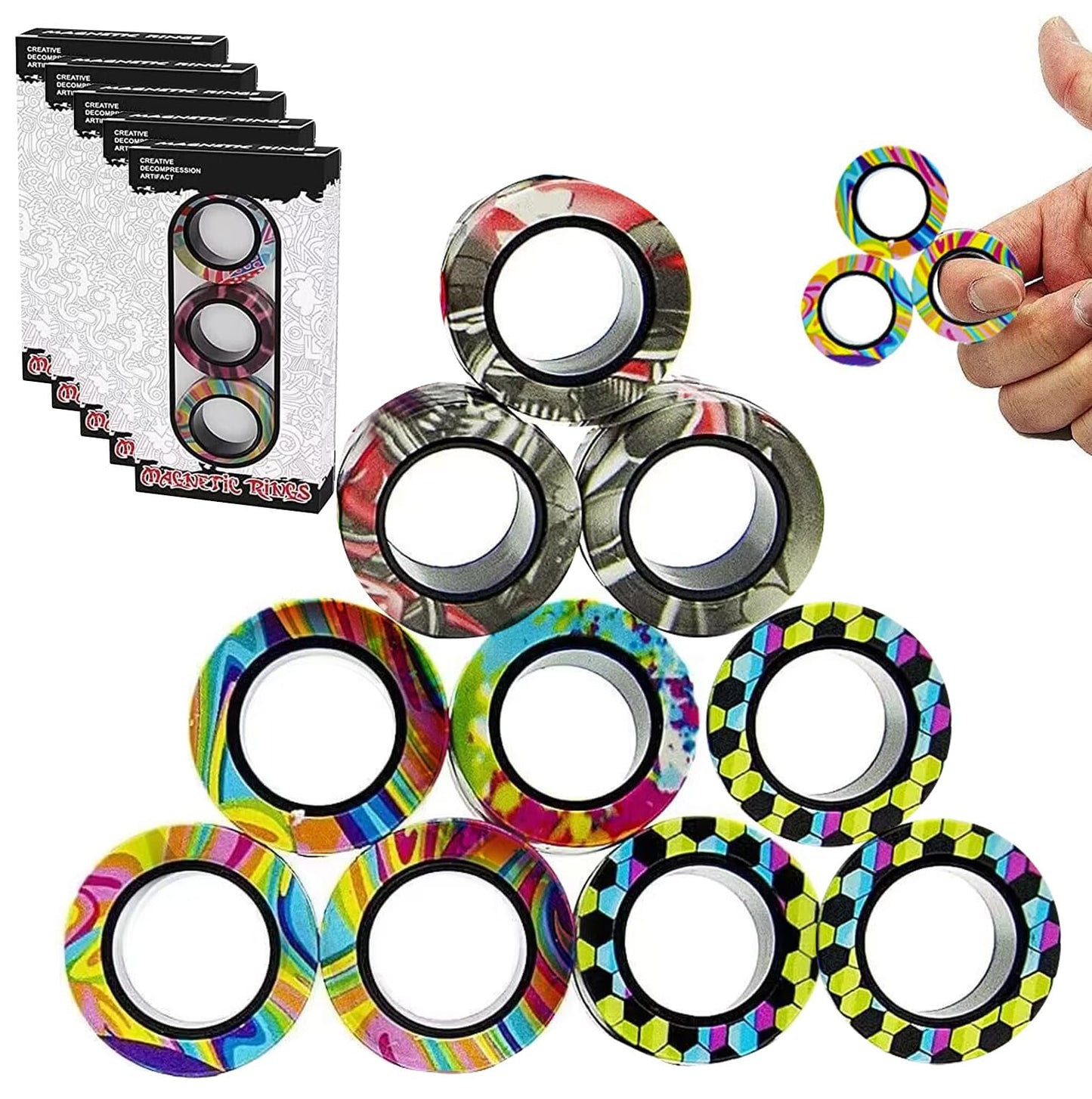 RURING 12Pcs Magnetic Rings Fidget Toys Spinner Set – Focus, Stress Relief & Fun for All Ages