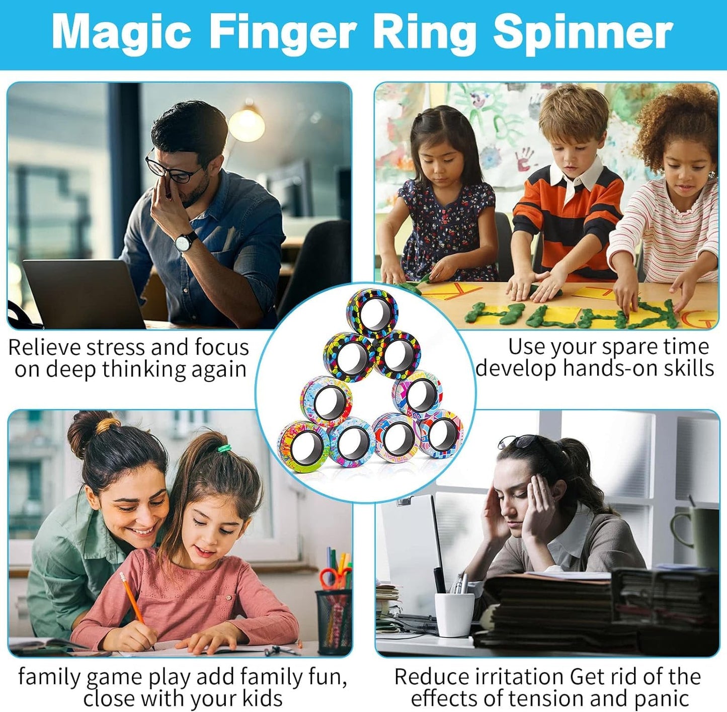 RURING 12Pcs Magnetic Rings Fidget Toys Spinner Set – Focus, Stress Relief & Fun for All Ages