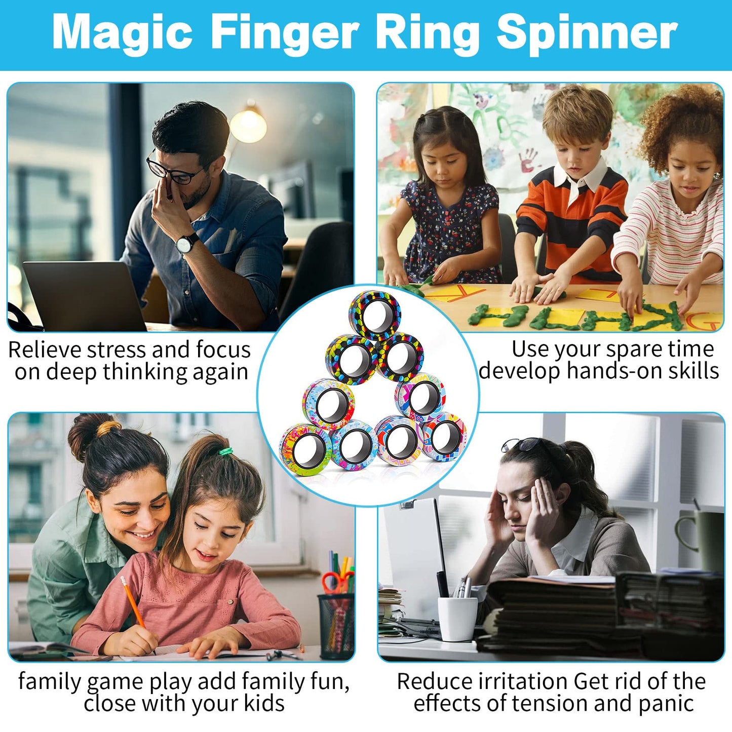RURING 18Pcs Magnetic Rings Fidget Spinner Set | Focus & Stress Relief