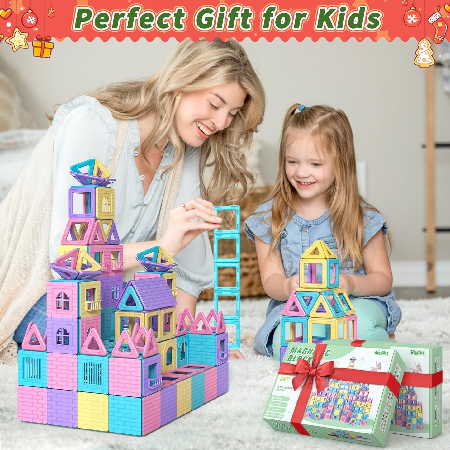 Rurvale 100Pcs Magnetic Blocks Set – STEM Building Tiles for Kids 3-8