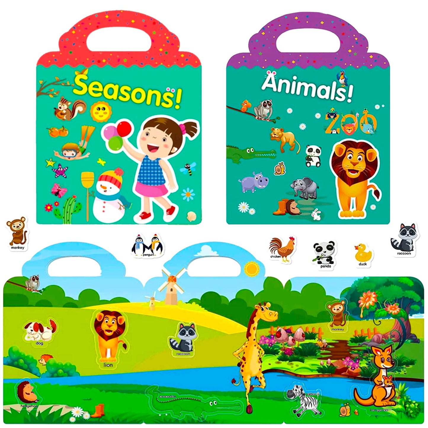 RUSON Reusable Sticker Book for Kids – Farm, Seasons & Animals (3 Sets) | Travel Learning Toys 3+
