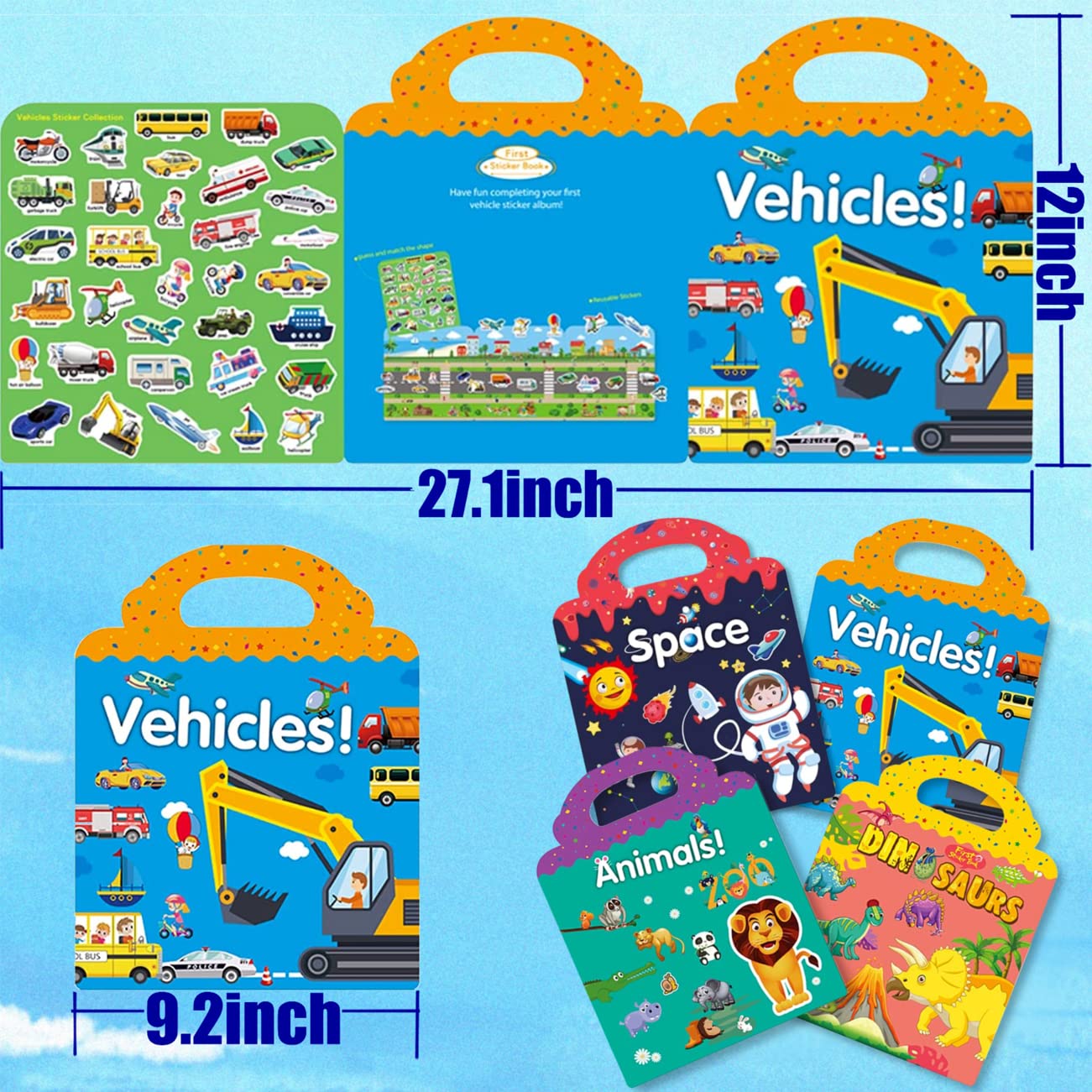 RUSON Reusable Sticker Book for Kids – 4 Sets Educational Travel Activity (Vehicles, Dinosaurs, Space & Animals)