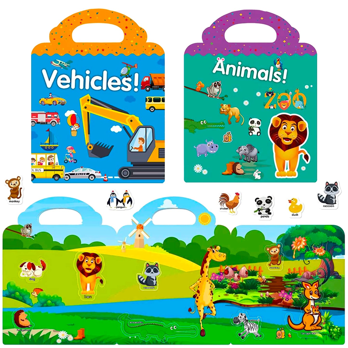 RUSON Reusable Sticker Book for Kids – 4 Sets Educational Travel Activity (Vehicles, Dinosaurs, Space & Animals)
