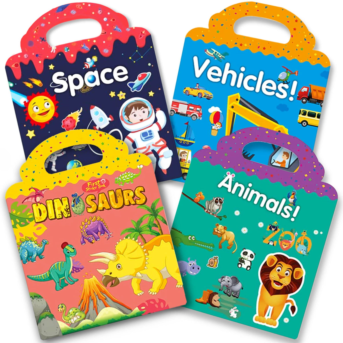 RUSON Reusable Sticker Book for Kids – 4 Sets Educational Travel Activity (Vehicles, Dinosaurs, Space & Animals)