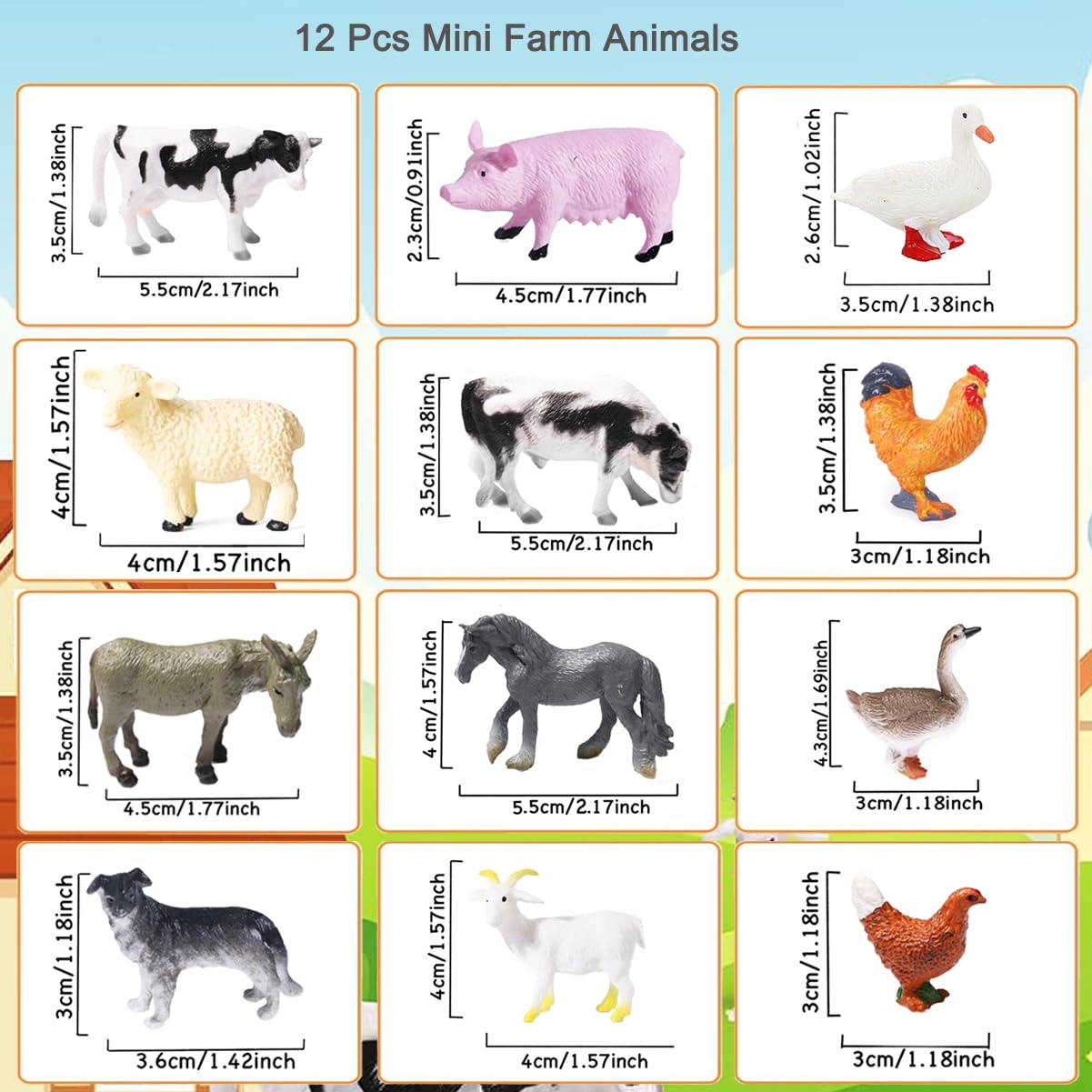 RUSON 12pc Farm Animals Figures Set - Realistic Mini Barn Animals for Kids