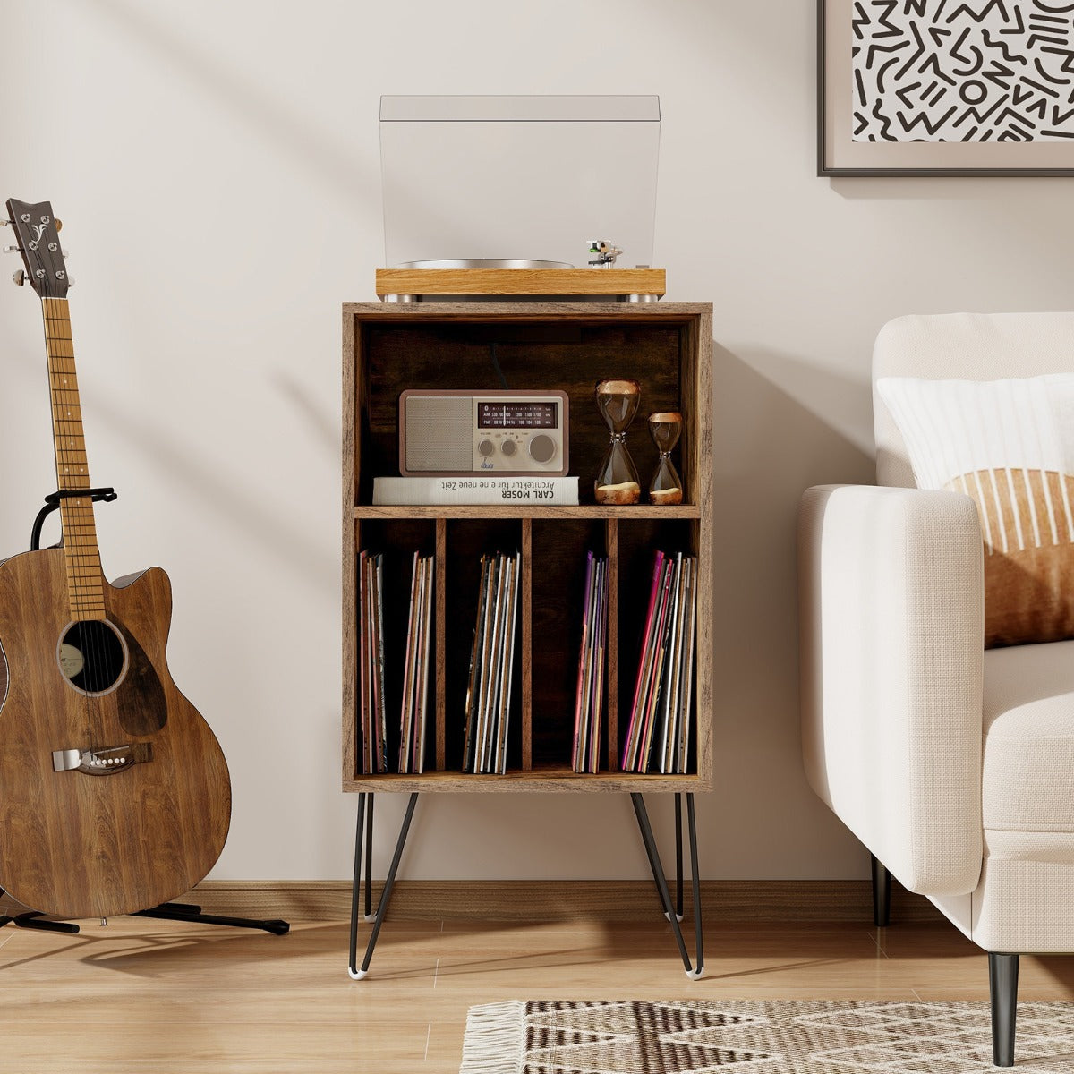 3-Tier Record Player Stand with Charging Station Shelf and 4 Dividers-Walnut