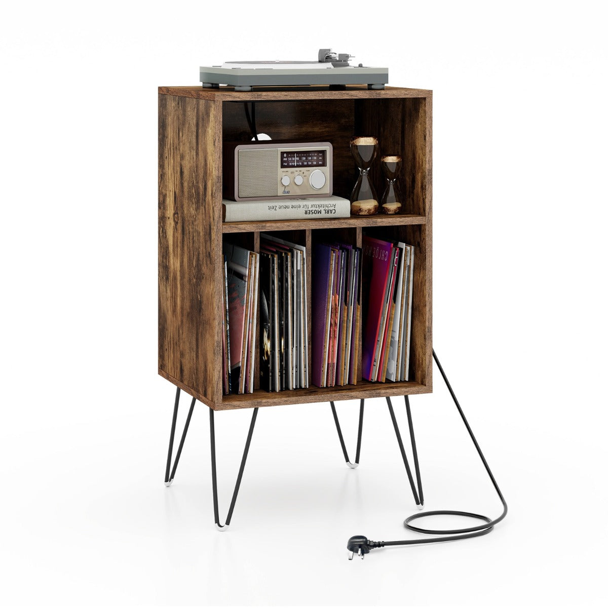3-Tier Record Player Stand with Charging Station Shelf and 4 Dividers-Walnut