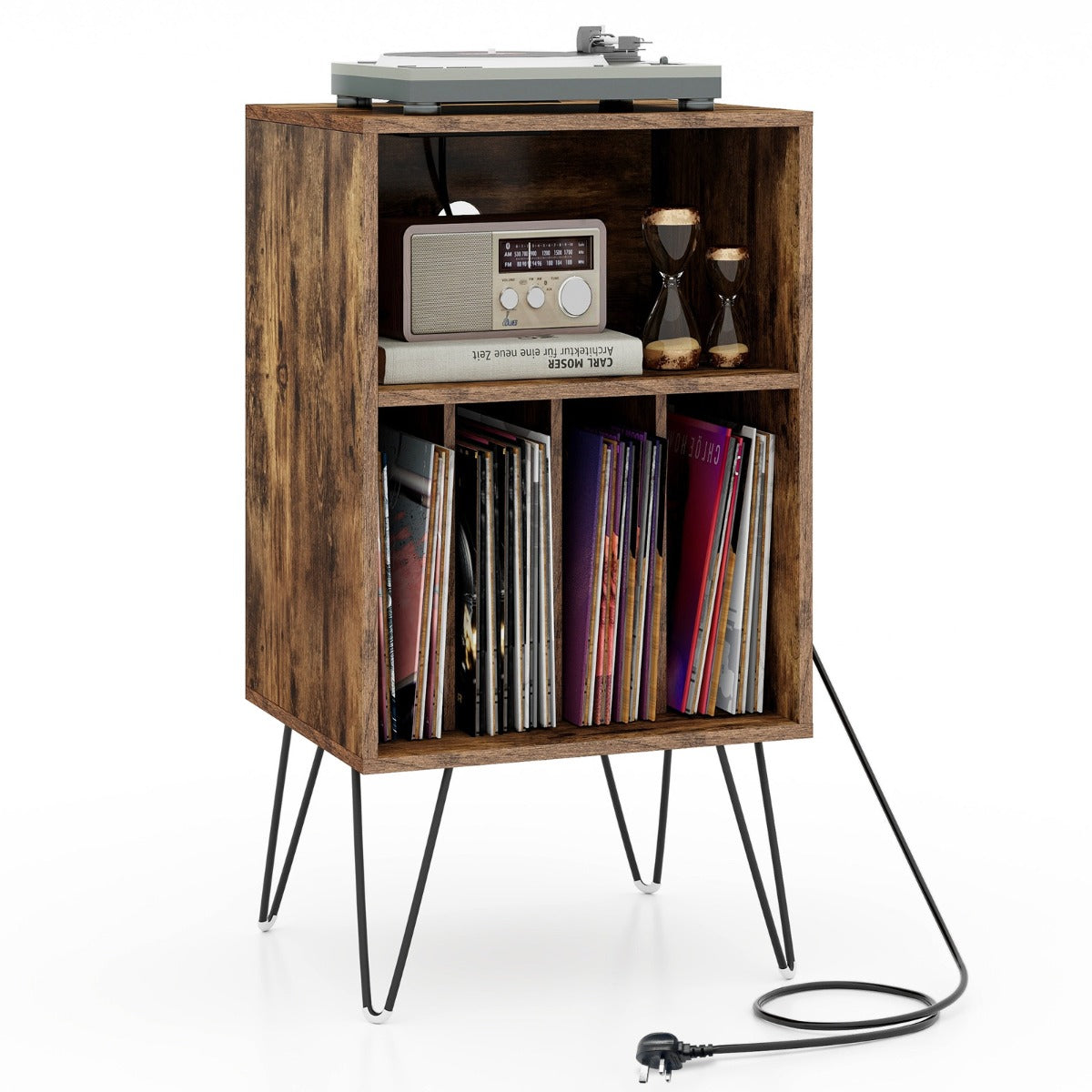 3-Tier Record Player Stand with Charging Station Shelf and 4 Dividers-Walnut