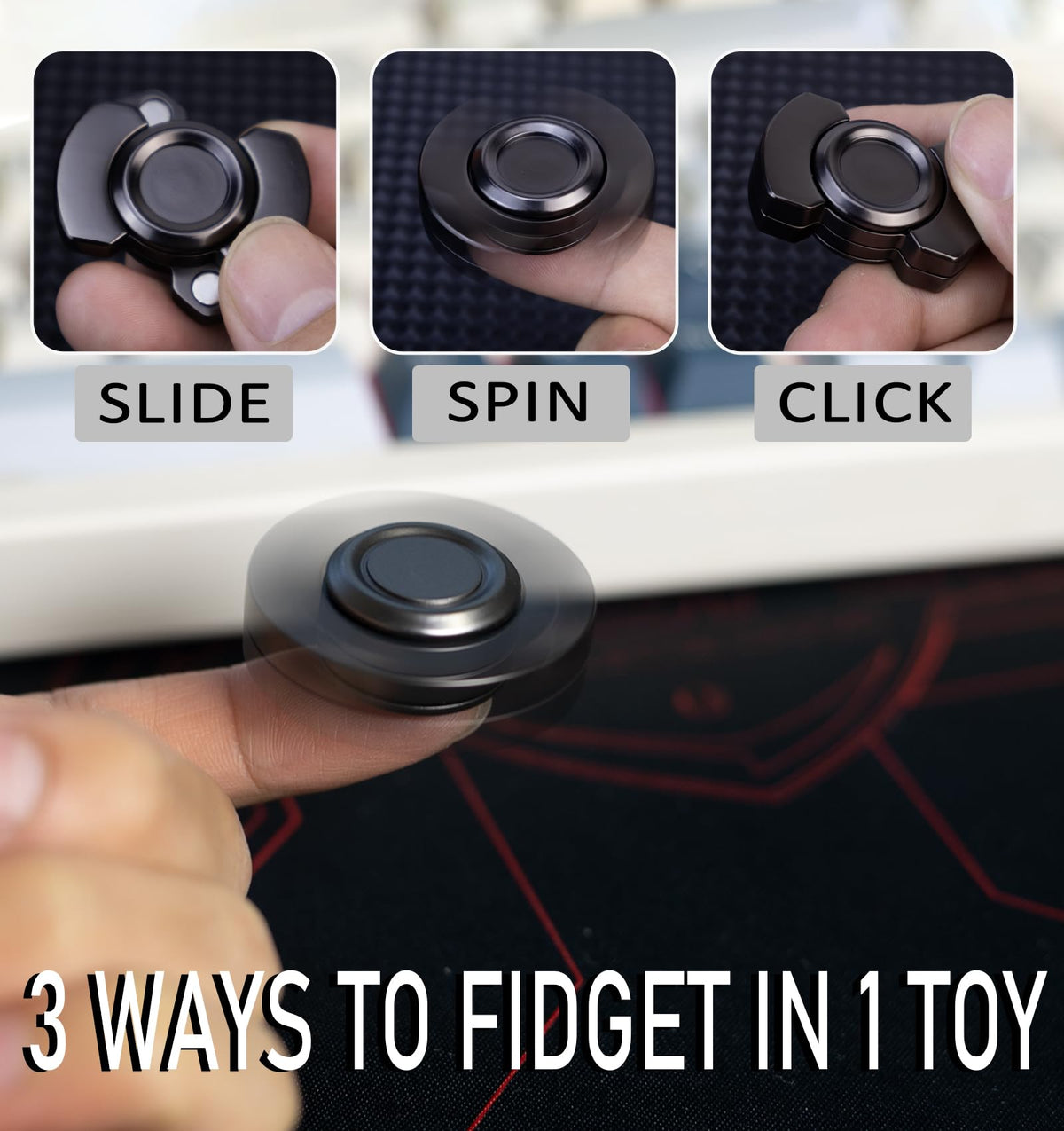 Rutanshenn 3-in-1 Fidget Spinner, Slider & Clicker — EDC Metal Toy, Stainless Steel, Black