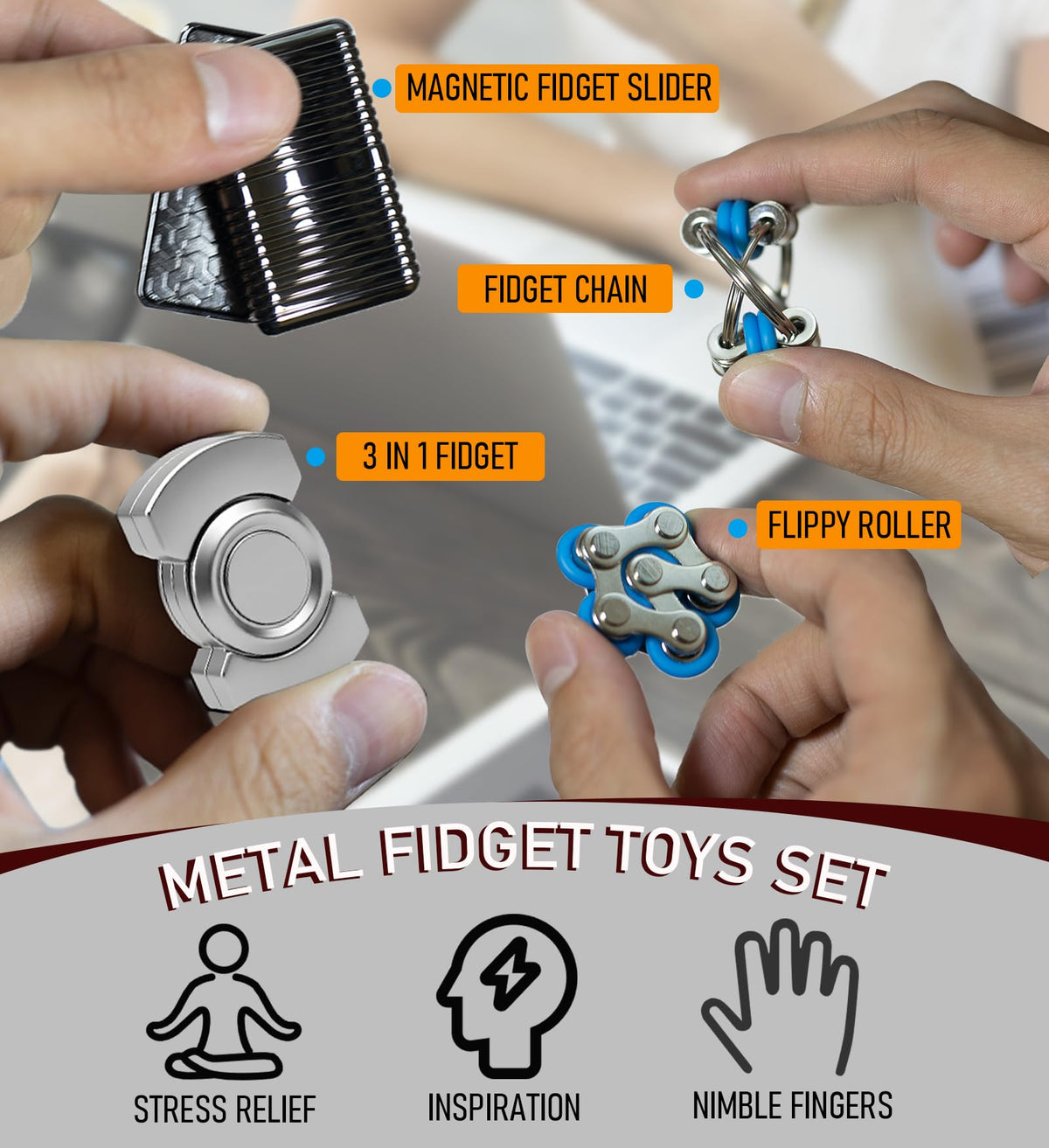 Rutanshenn Metal Fidget Toys Set – Magnetic Slider, Chain Toy, Infinity Chain & 3-in-1 Spinner