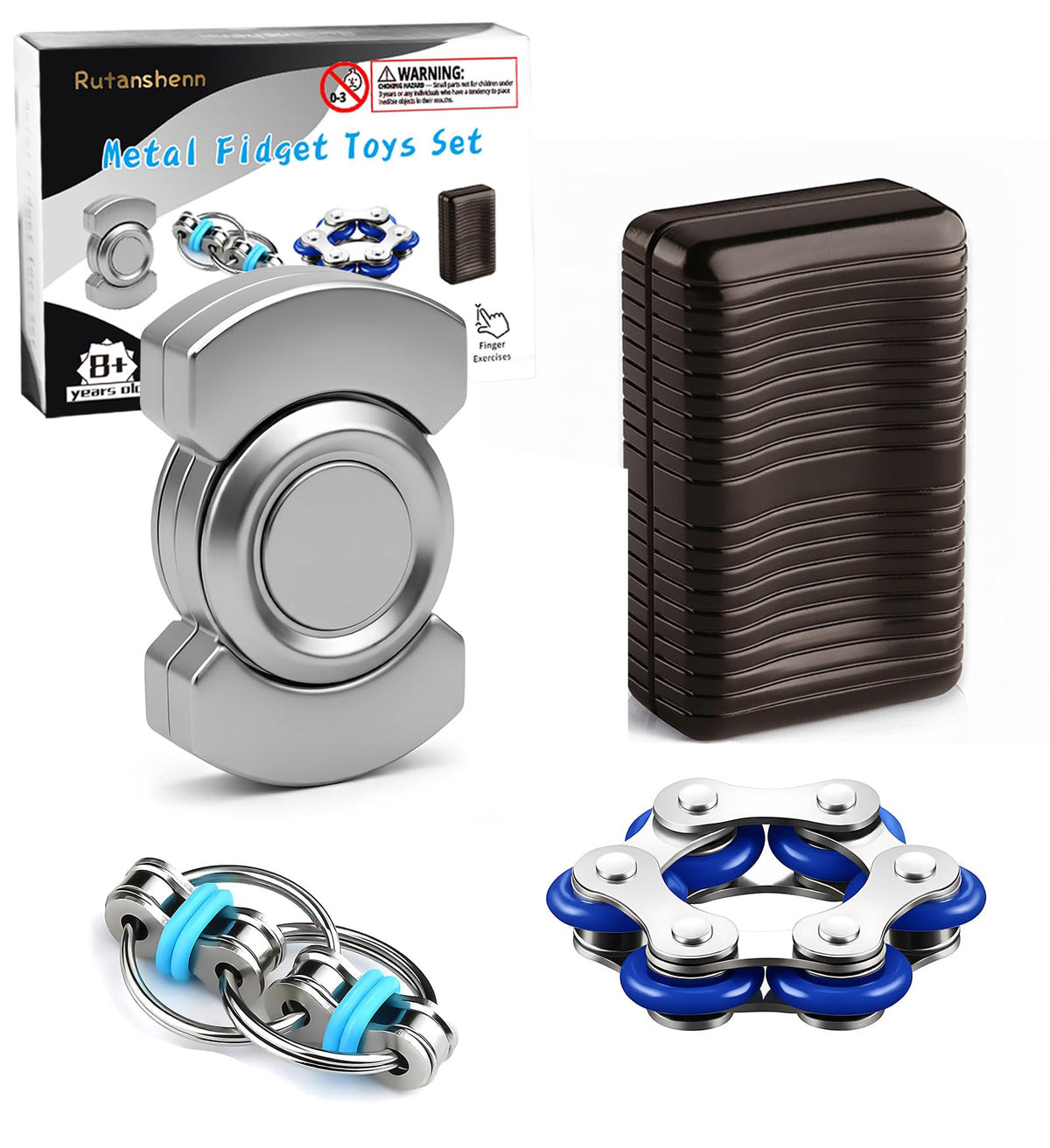 Rutanshenn Metal Fidget Toys Set – Magnetic Slider, Chain Toy, Infinity Chain & 3-in-1 Spinner