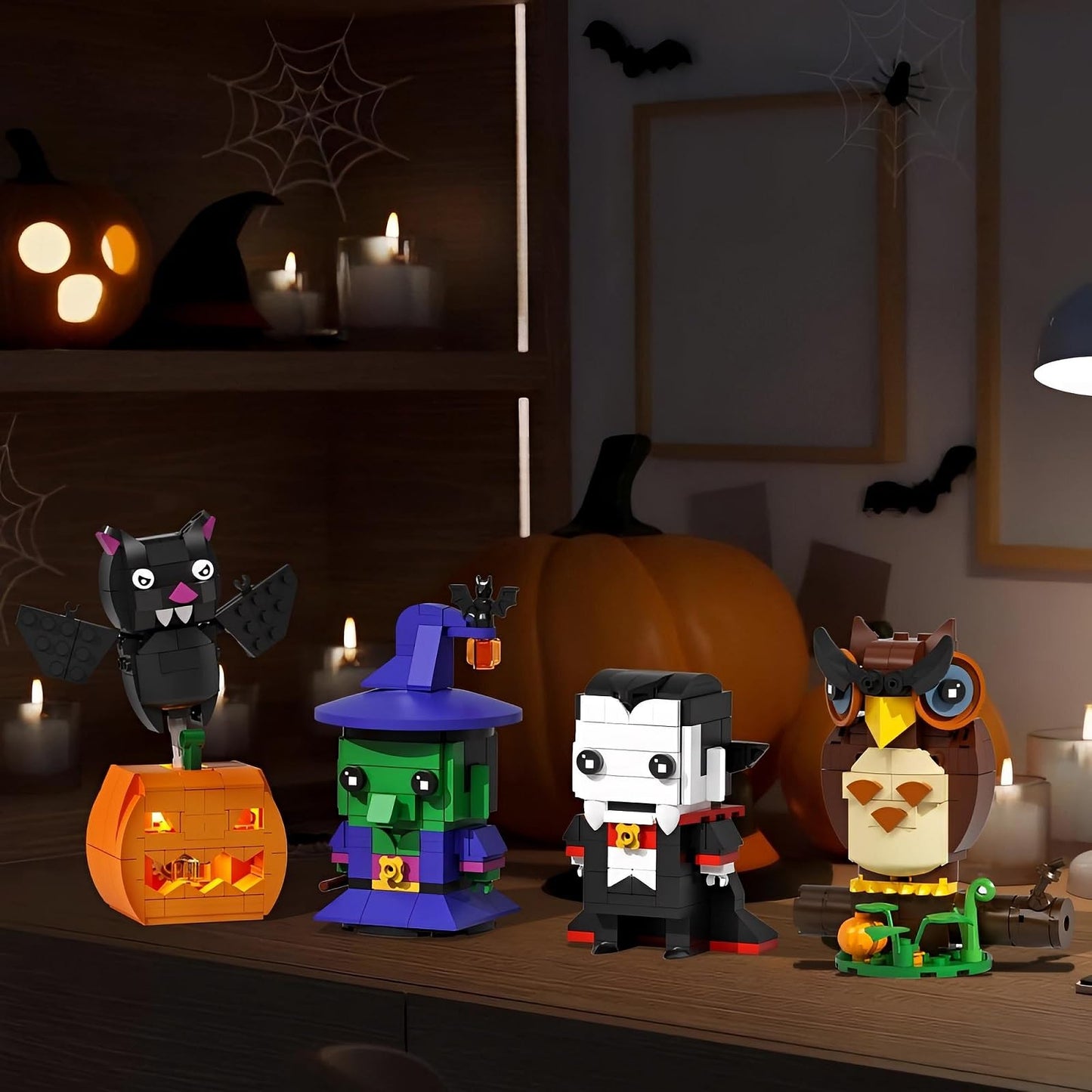 RUVARA Horror Figure Building Set – 503-Piece Halloween Model Kit with Owl, Wizard, Vampire & Pumpkin Bat