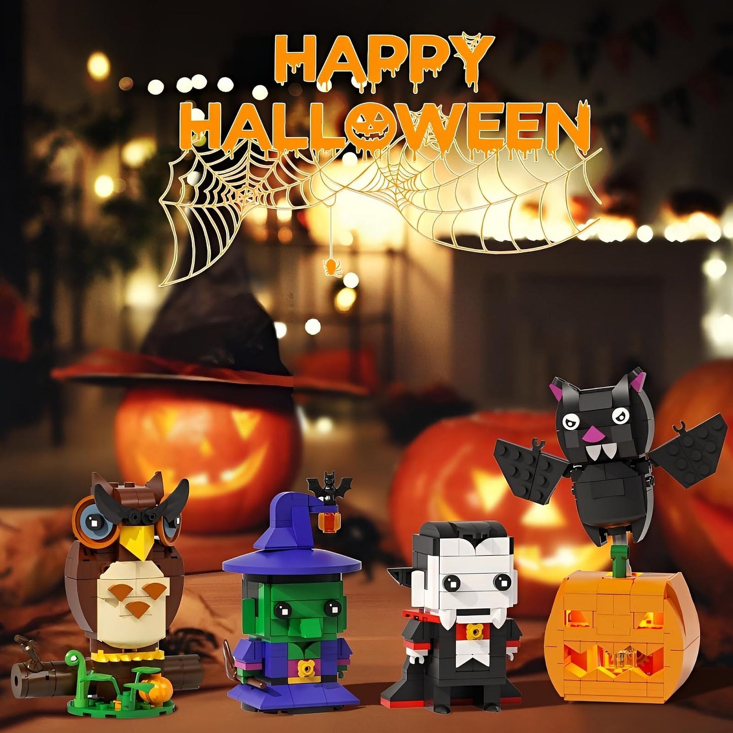 RUVARA Horror Figure Building Set – 503-Piece Halloween Model Kit with Owl, Wizard, Vampire & Pumpkin Bat