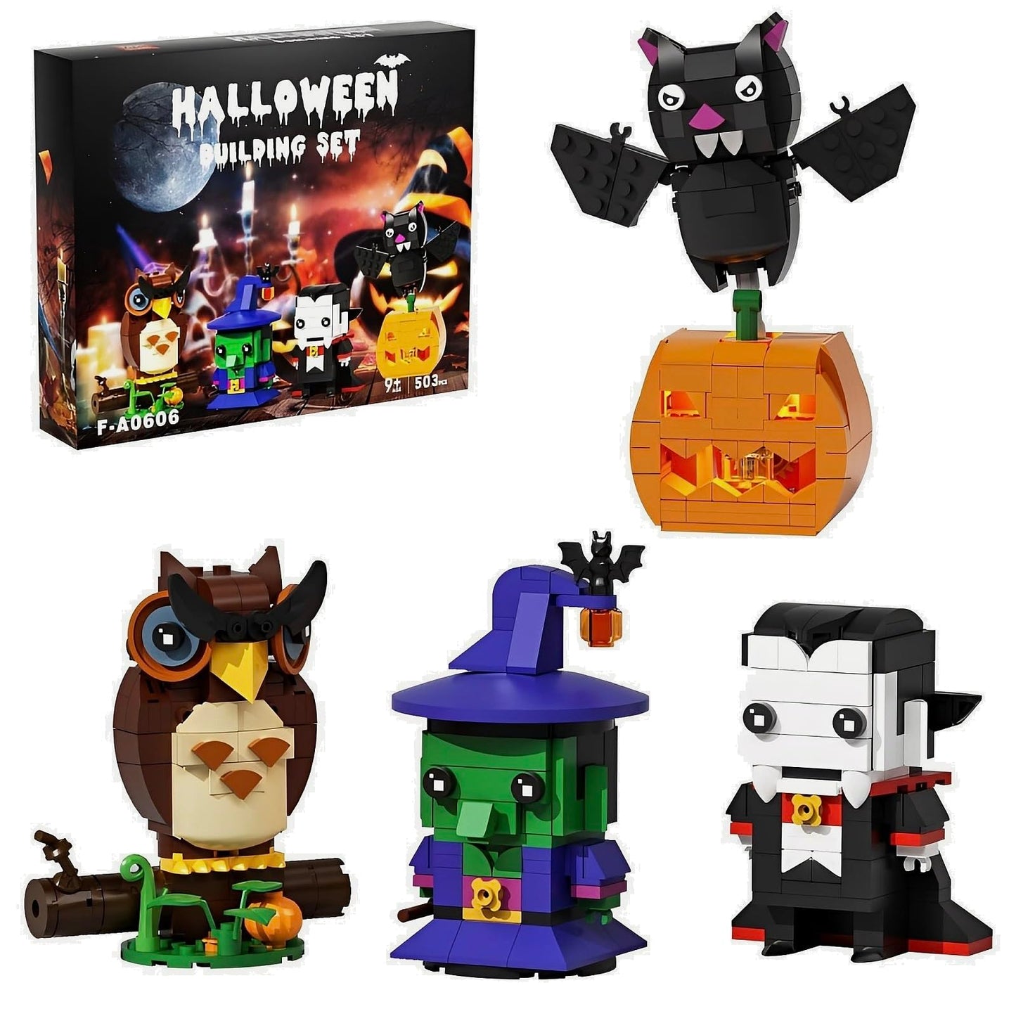 RUVARA Horror Figure Building Set – 503-Piece Halloween Model Kit with Owl, Wizard, Vampire & Pumpkin Bat