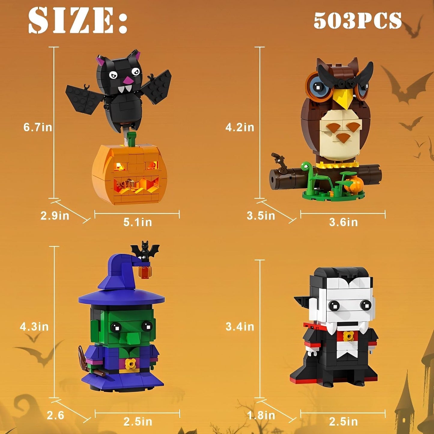 RUVARA Horror Figure Building Set – 503-Piece Halloween Model Kit with Owl, Wizard, Vampire & Pumpkin Bat