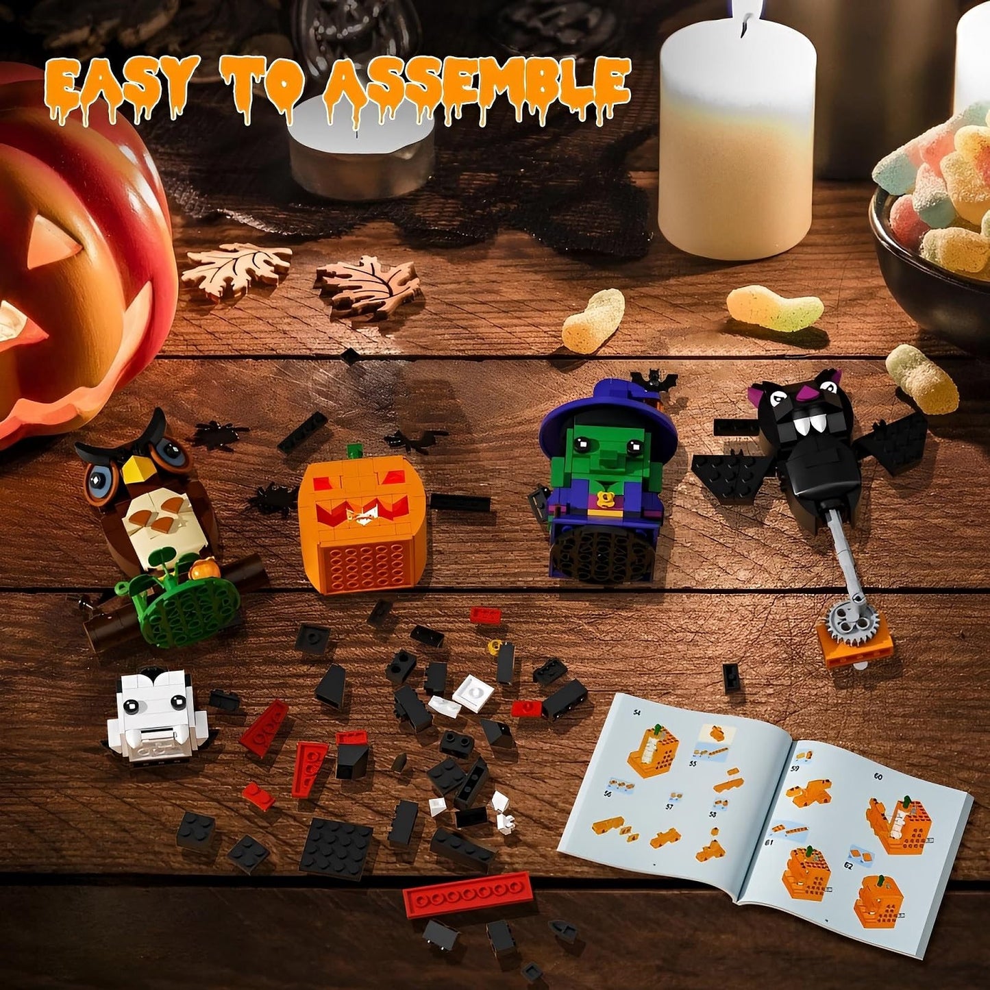 RUVARA Horror Figure Building Set – 503-Piece Halloween Model Kit with Owl, Wizard, Vampire & Pumpkin Bat