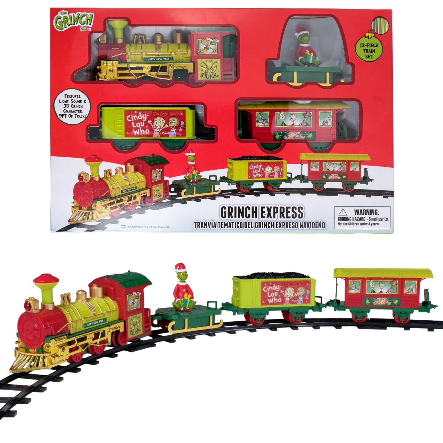 Ruz Grinch Holiday Express Train Set (12-Piece, 9 ft Track) – Light & Sound