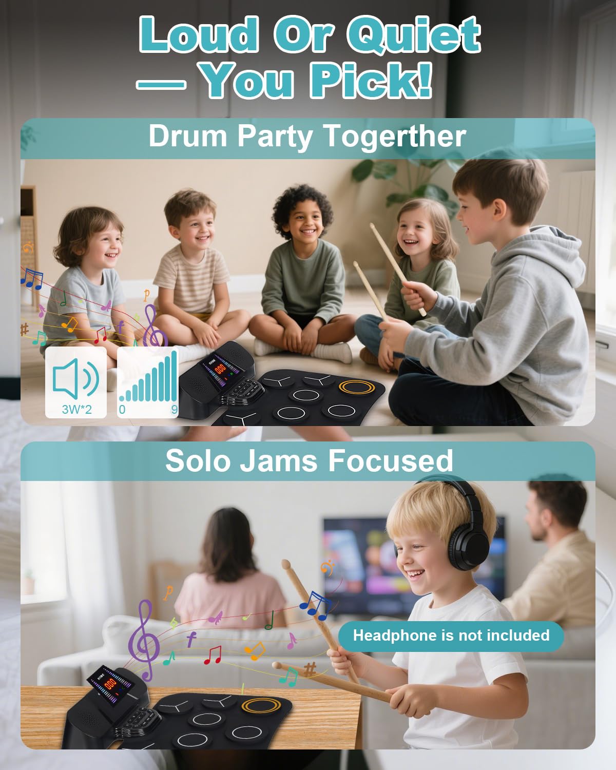 RVONE Electric Drum Set for Kids – 9 Pads, 3W Speakers, LCD Screen