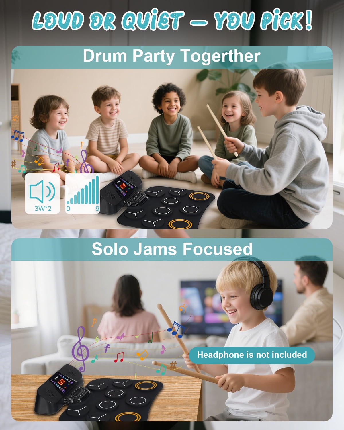 RVONE Kids Electronic Drum Pad – 9-Pad Roll-Up Drum Set with 5 Light Modes