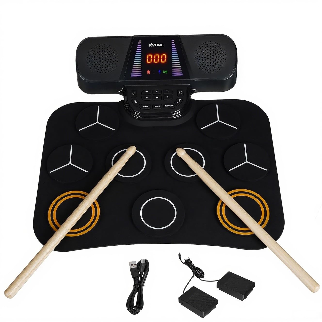 RVONE Kids Electronic Drum Pad – 9-Pad Roll-Up Drum Set with 5 Light Modes