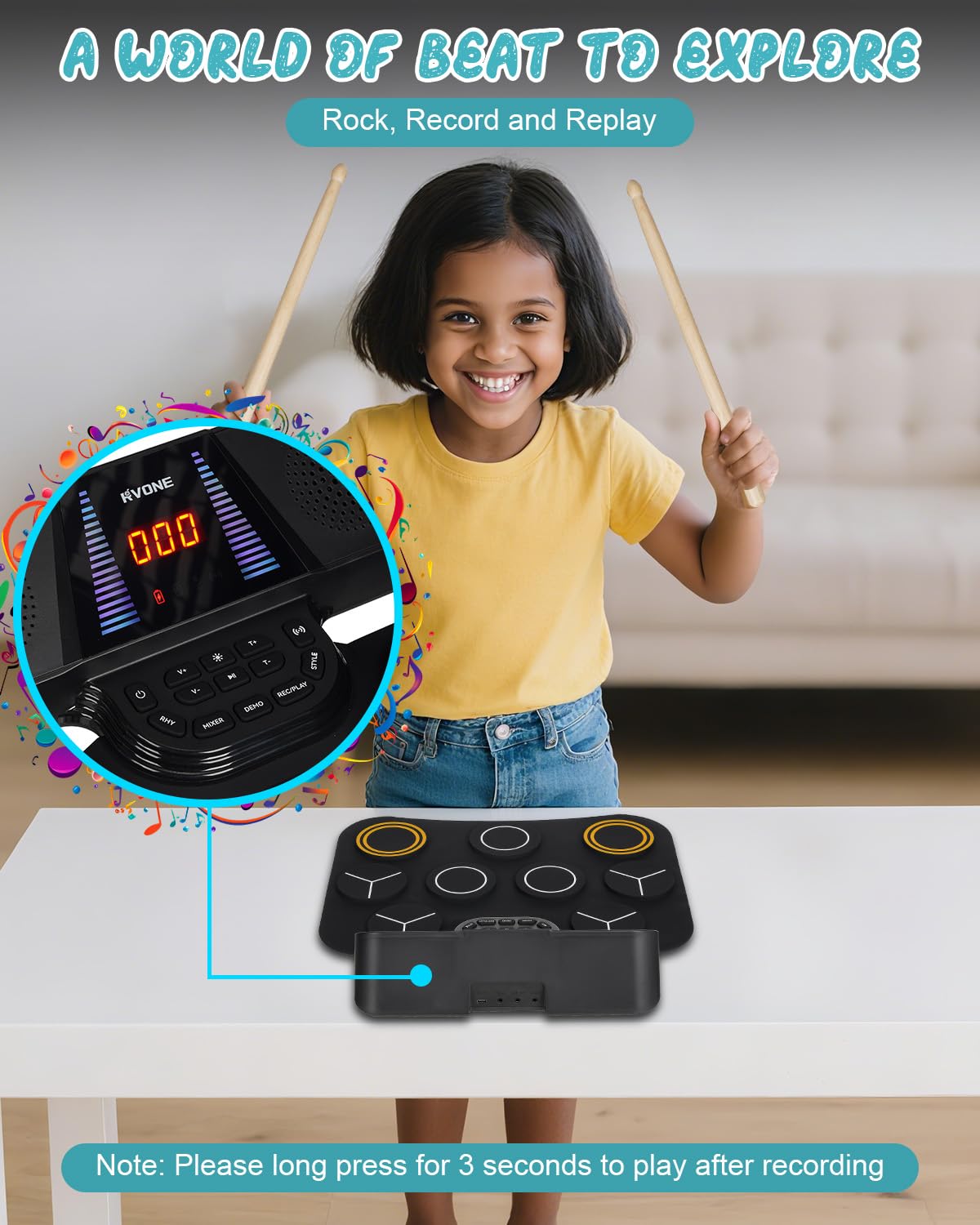 RVONE Kids Electronic Drum Pad – 9-Pad Roll-Up Drum Set with 5 Light Modes