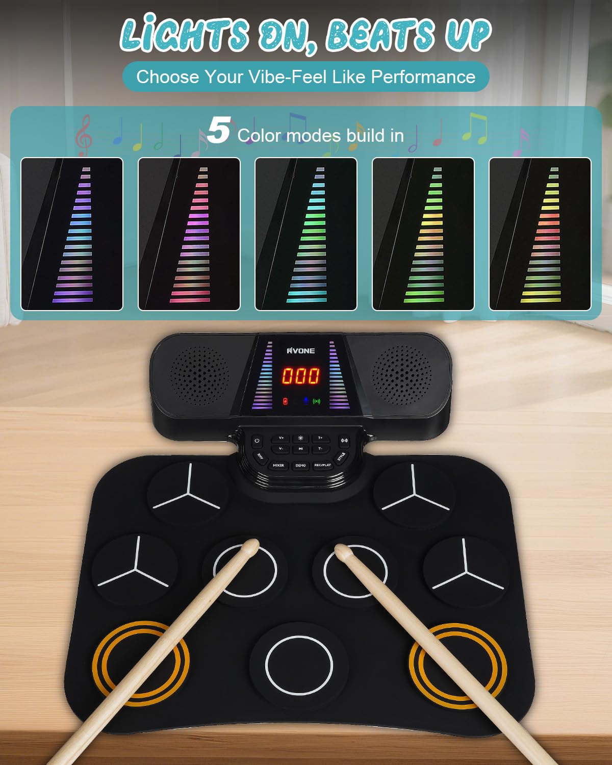 RVONE Kids Electronic Drum Pad – 9-Pad Roll-Up Drum Set with 5 Light Modes