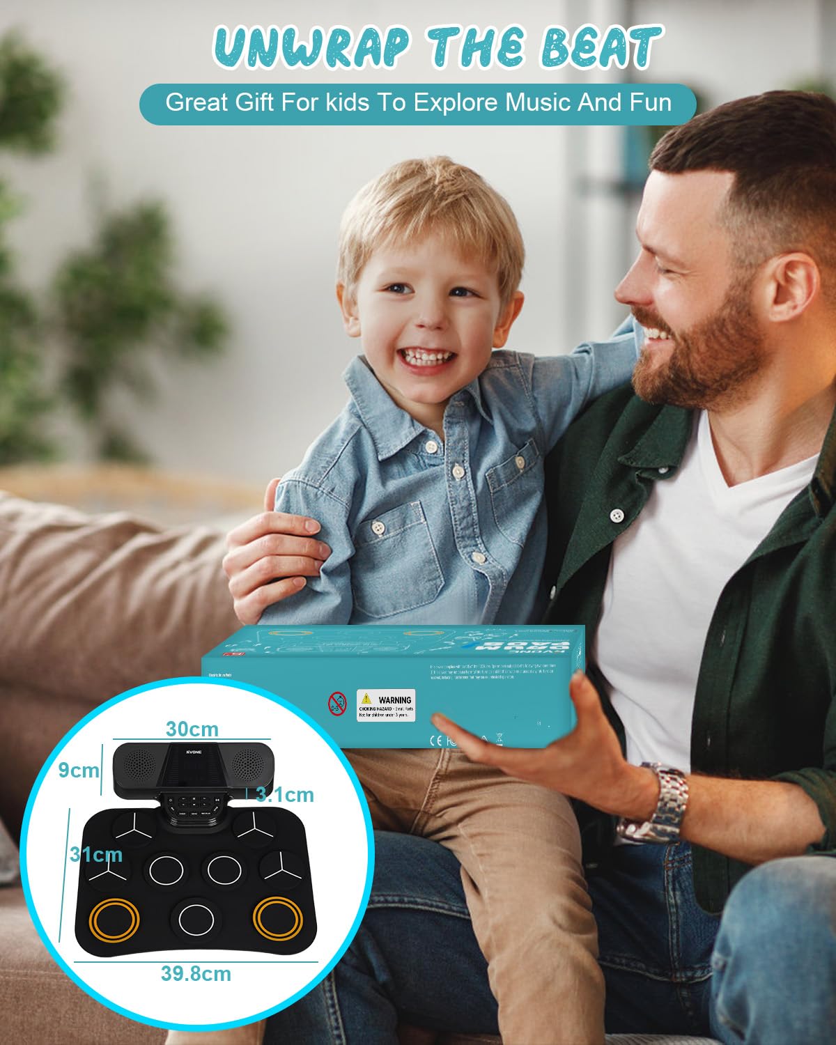 RVONE Kids Electronic Drum Pad – 9-Pad Roll-Up Drum Set with 5 Light Modes