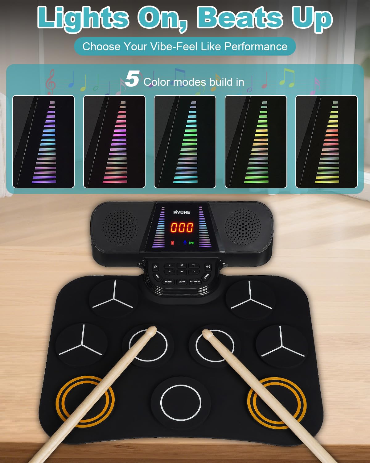 RVONE Electric Drum Set for Kids – 9 Pads, 3W Speakers, LCD Screen