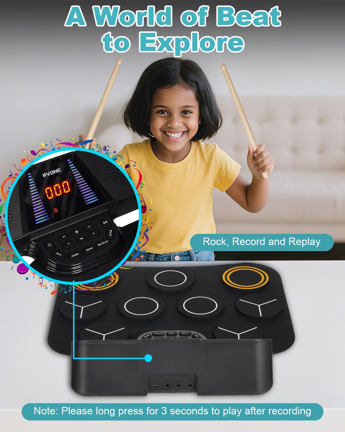 RVONE Electric Drum Set for Kids – 9 Pads, 3W Speakers, LCD Screen