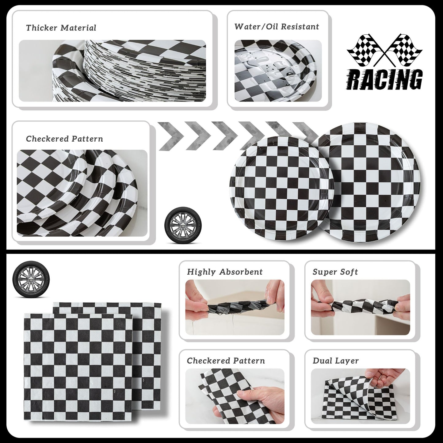 RVXHUA 150-Piece Race Car Party Set — Black & White Checkered Plates & Napkins for 50 Guests