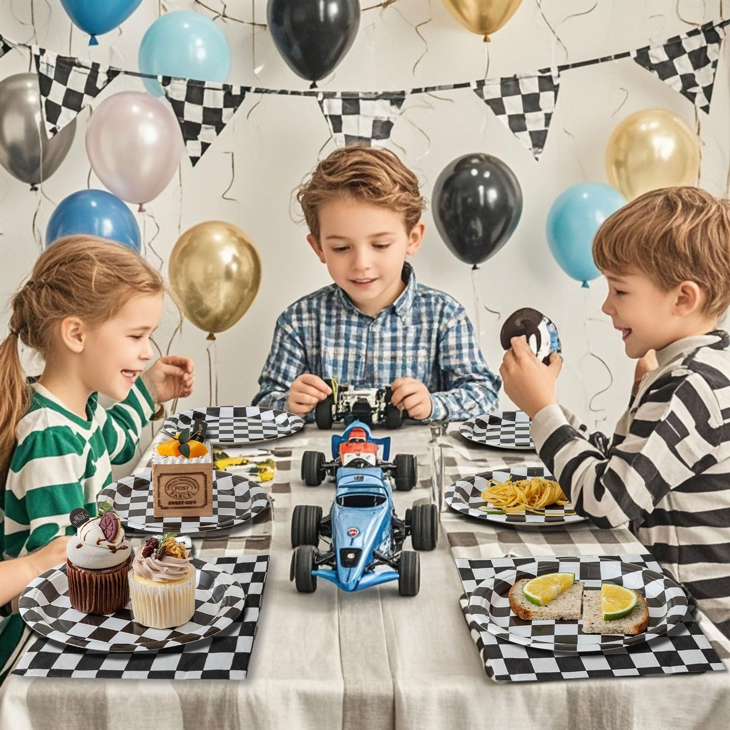 RVXHUA 150-Piece Race Car Party Set — Black & White Checkered Plates & Napkins for 50 Guests