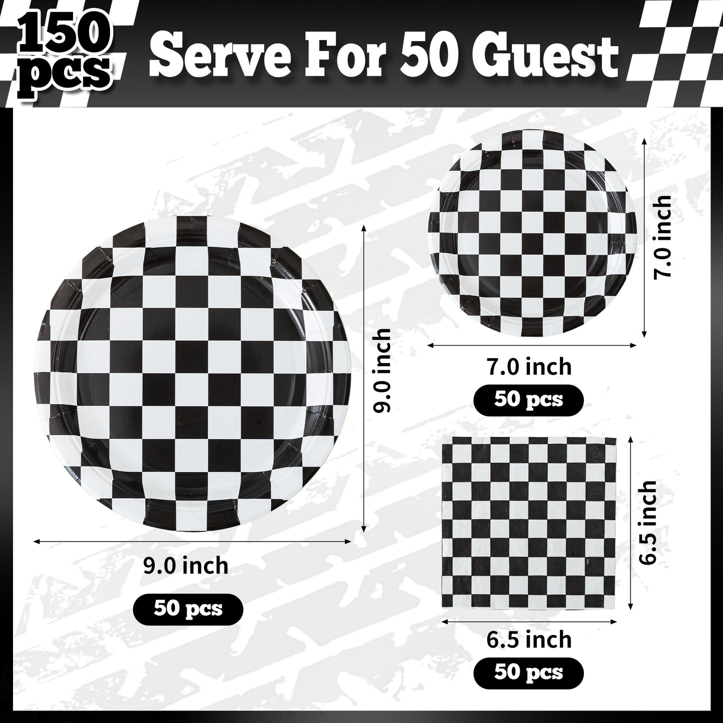 RVXHUA 150-Piece Race Car Party Set — Black & White Checkered Plates & Napkins for 50 Guests
