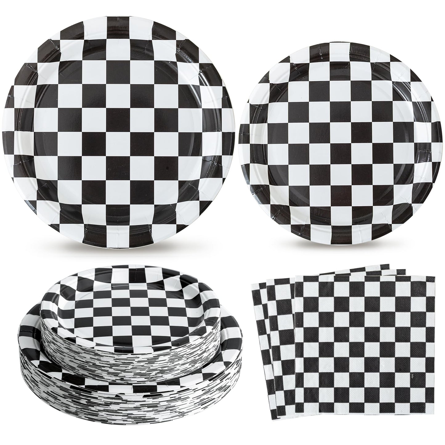 RVXHUA 150-Piece Race Car Party Set — Black & White Checkered Plates & Napkins for 50 Guests
