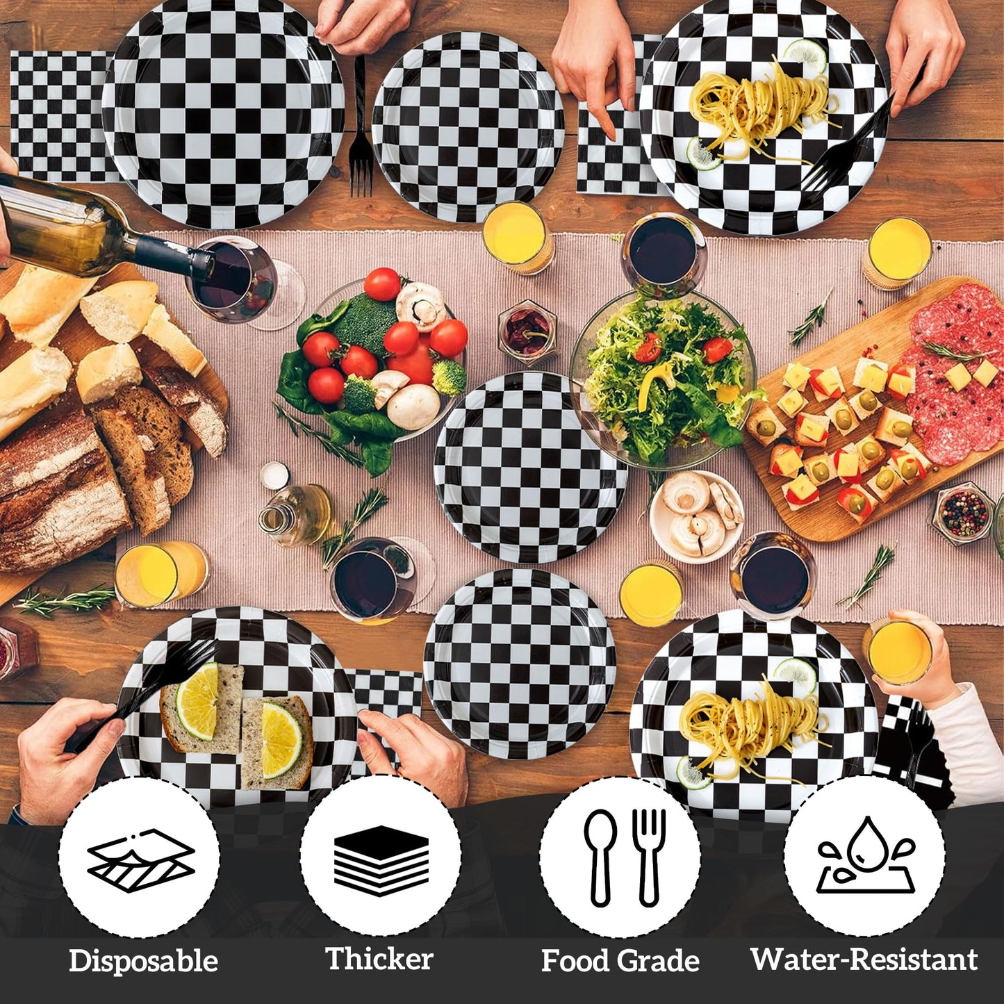 RVXHUA 150-Piece Race Car Party Set — Black & White Checkered Plates & Napkins for 50 Guests