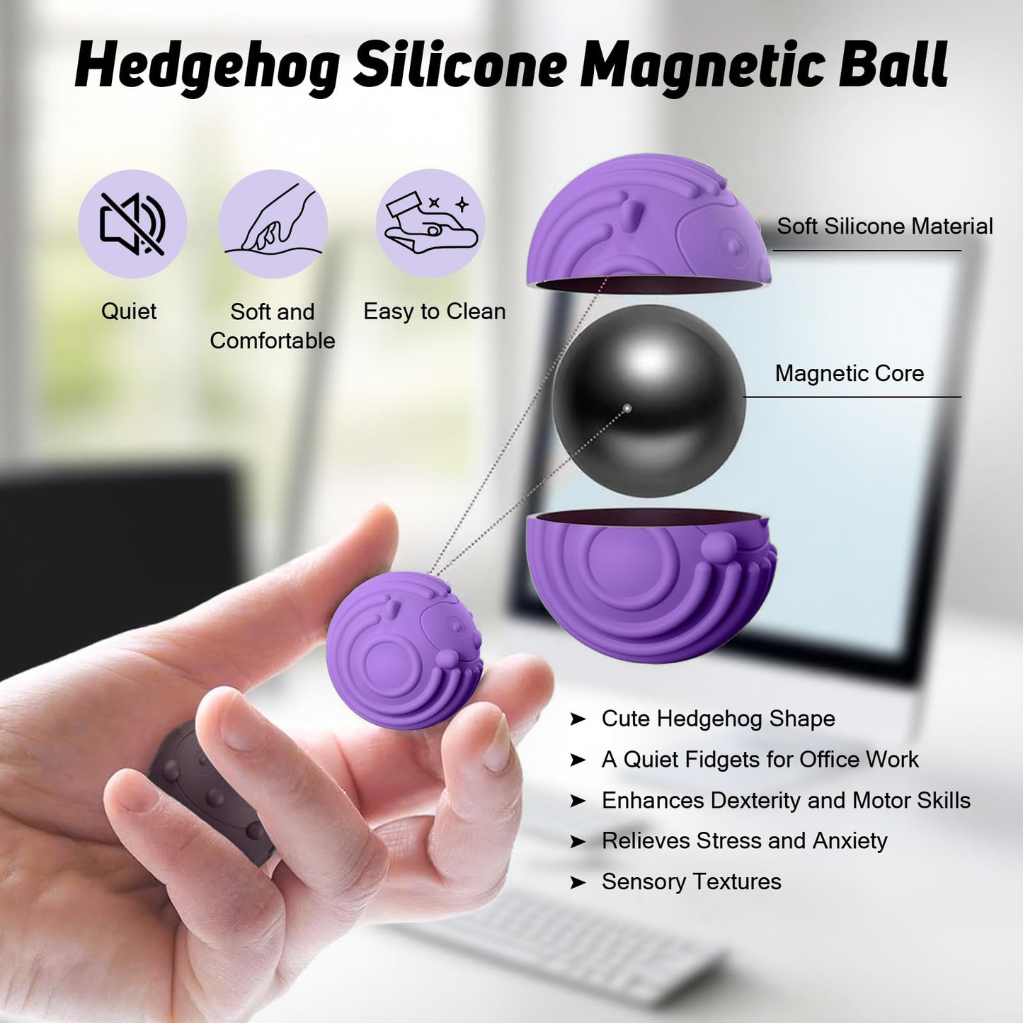 Ryaco Magnetic Fidget Balls - 4-Piece Silicone Stress Relief Toys (Purple) for Focus and Calm