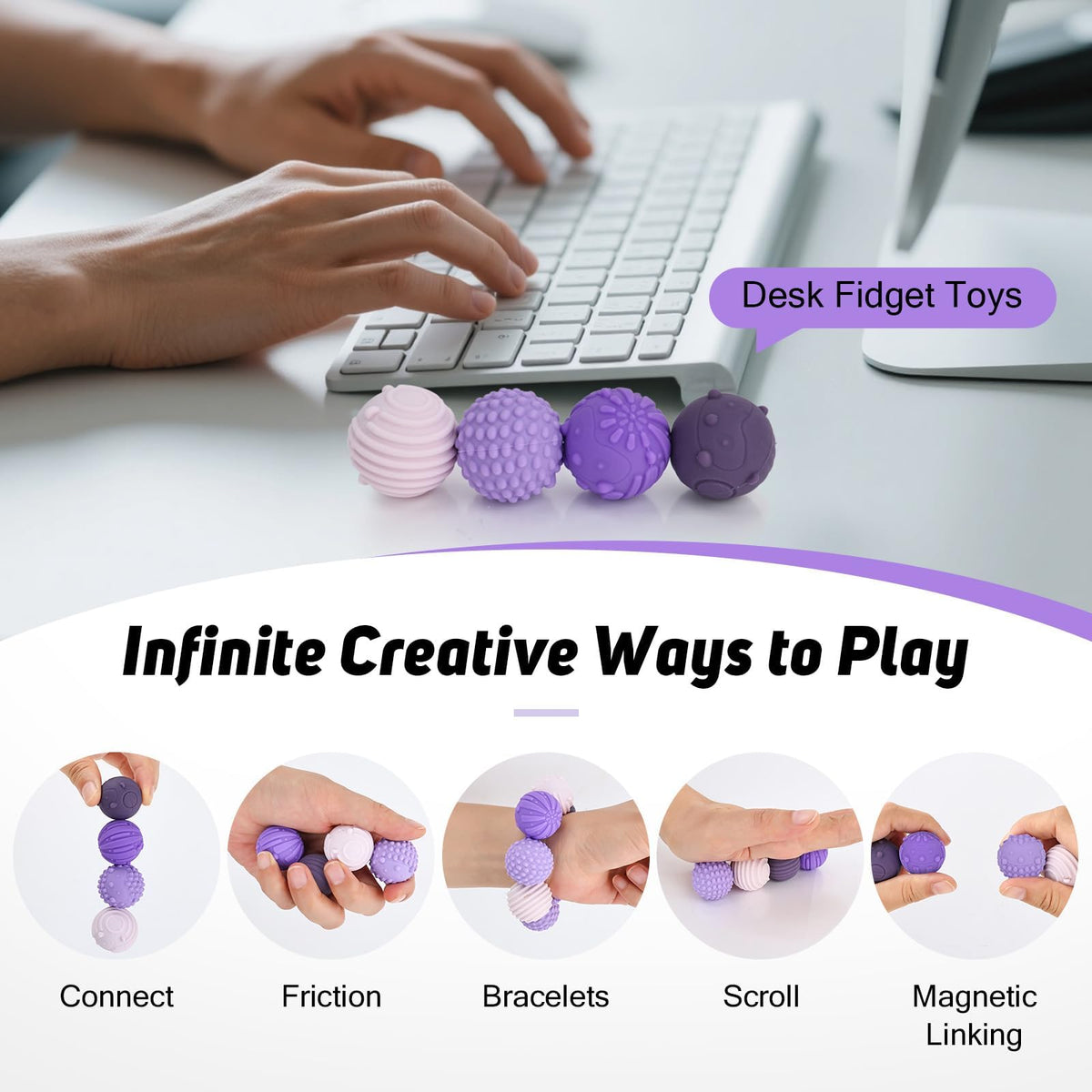 Ryaco Magnetic Fidget Balls - 4-Piece Silicone Stress Relief Toys (Purple) for Focus and Calm