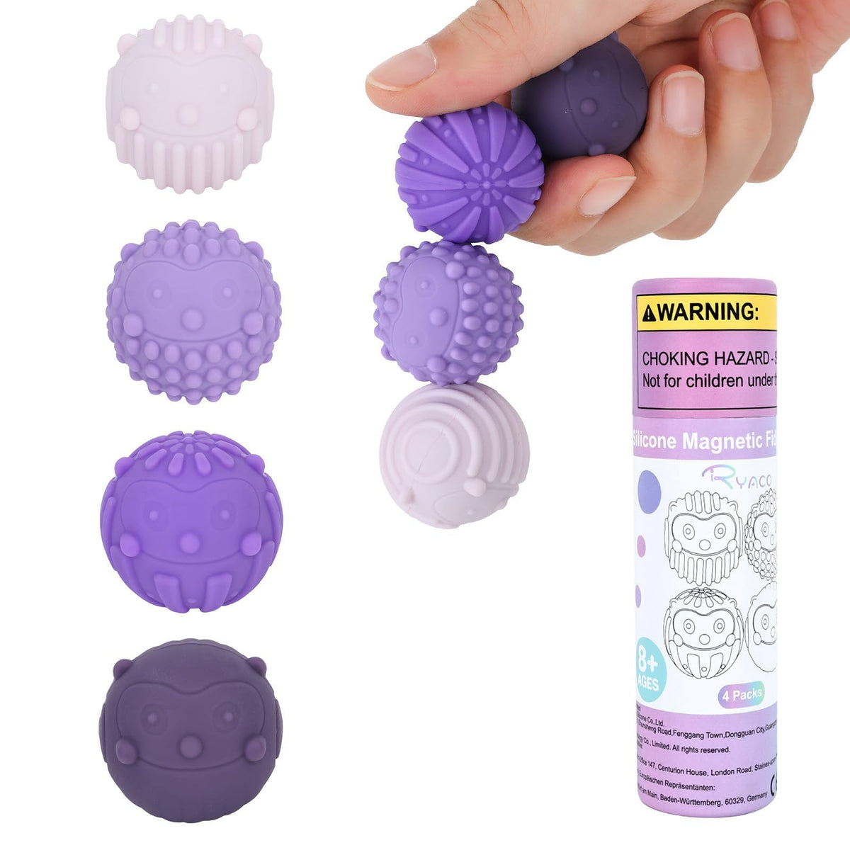 Ryaco Magnetic Fidget Balls - 4-Piece Silicone Stress Relief Toys (Purple) for Focus and Calm