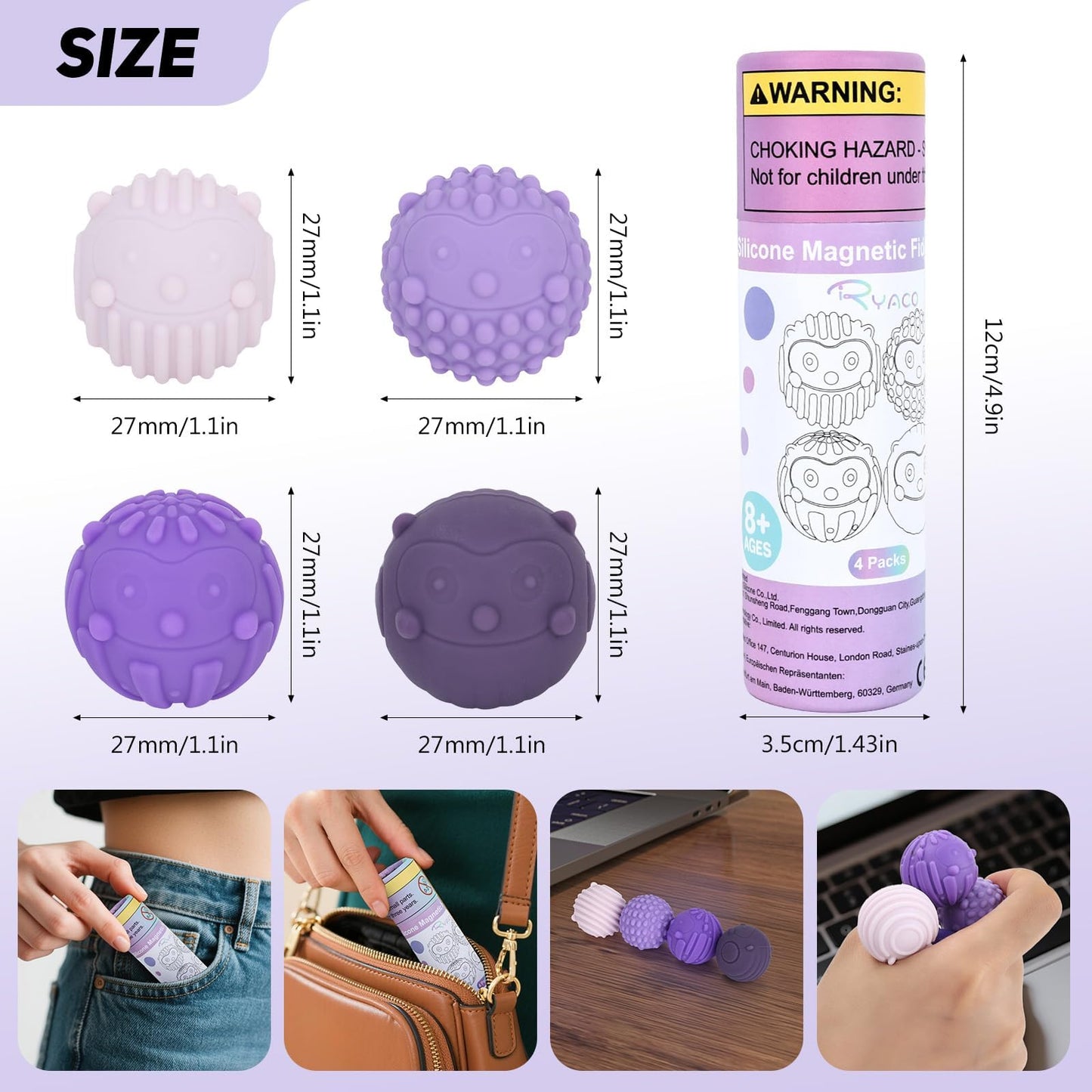 Ryaco Magnetic Fidget Balls - 4-Piece Silicone Stress Relief Toys (Purple) for Focus and Calm