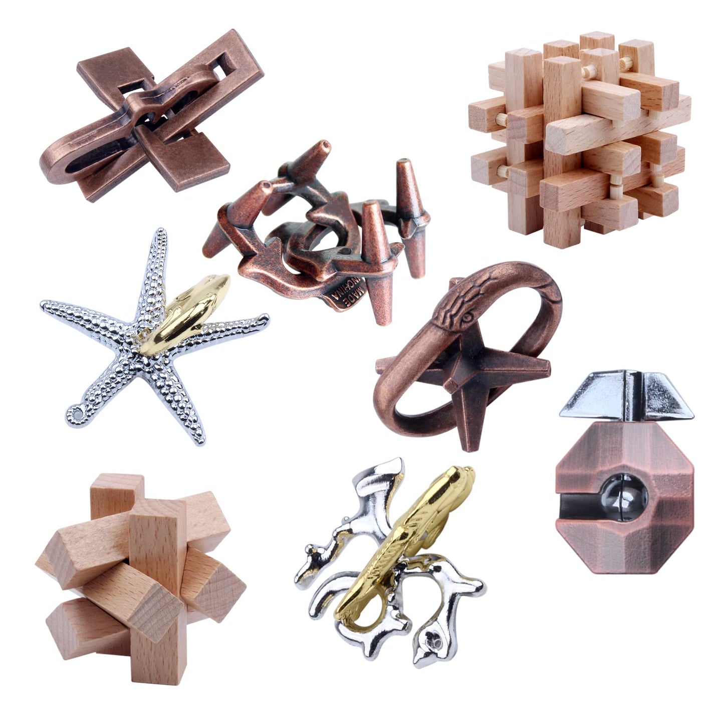 RLYLF 8-Piece Wooden & Metal Brain Teaser Puzzles – 3D Interlock Mind Games for All Ages