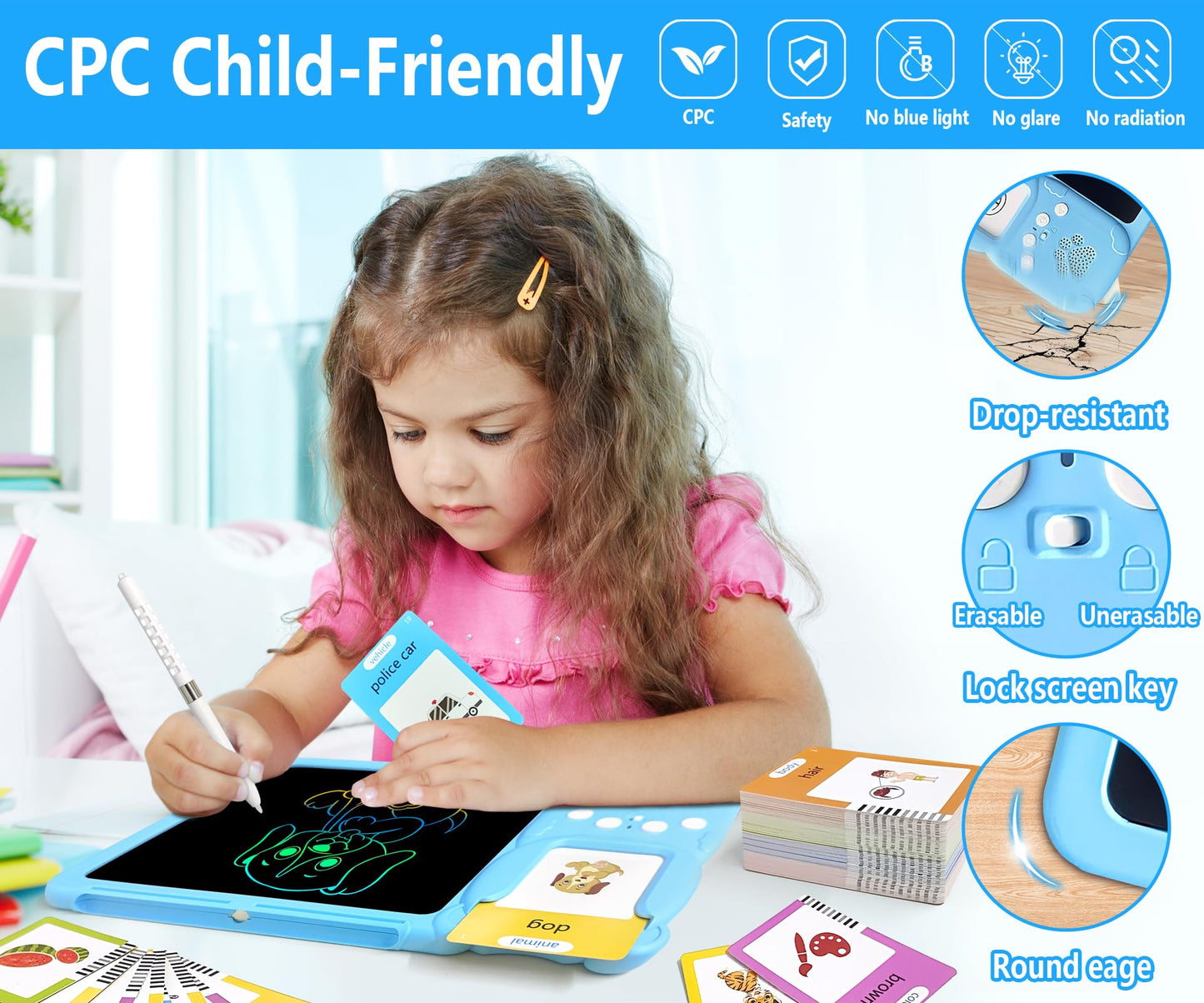 Rylai Toddler Talking Flash Cards – 510 Sight Words with Drawing Tablet, Sensory Learning Toy for Kids 2–6 (Blue)
