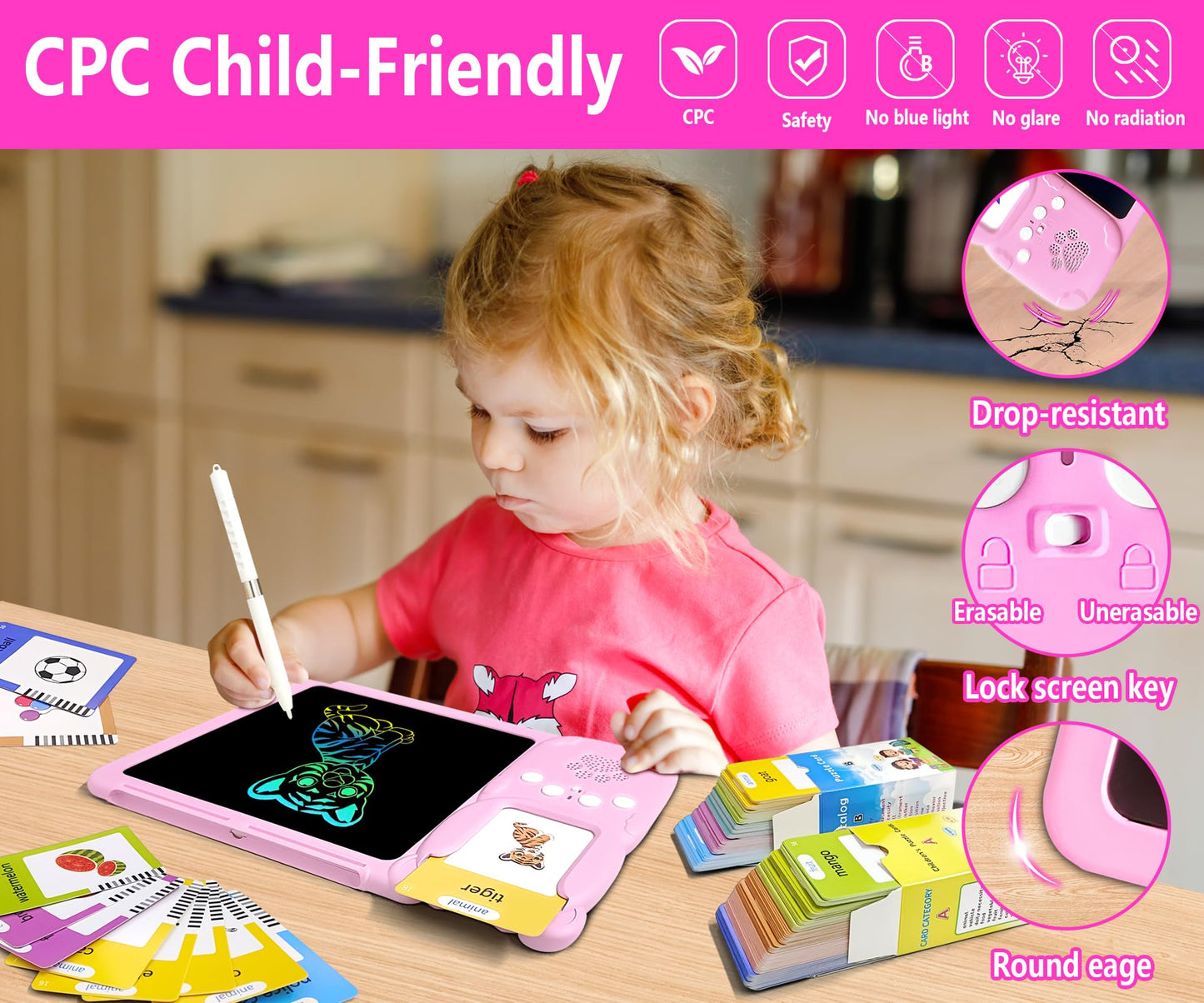 Rylai Toddler Talking Flash Cards – 510 Sight Words with Drawing Tablet | Autism-Friendly Sensory Toy (Pink)