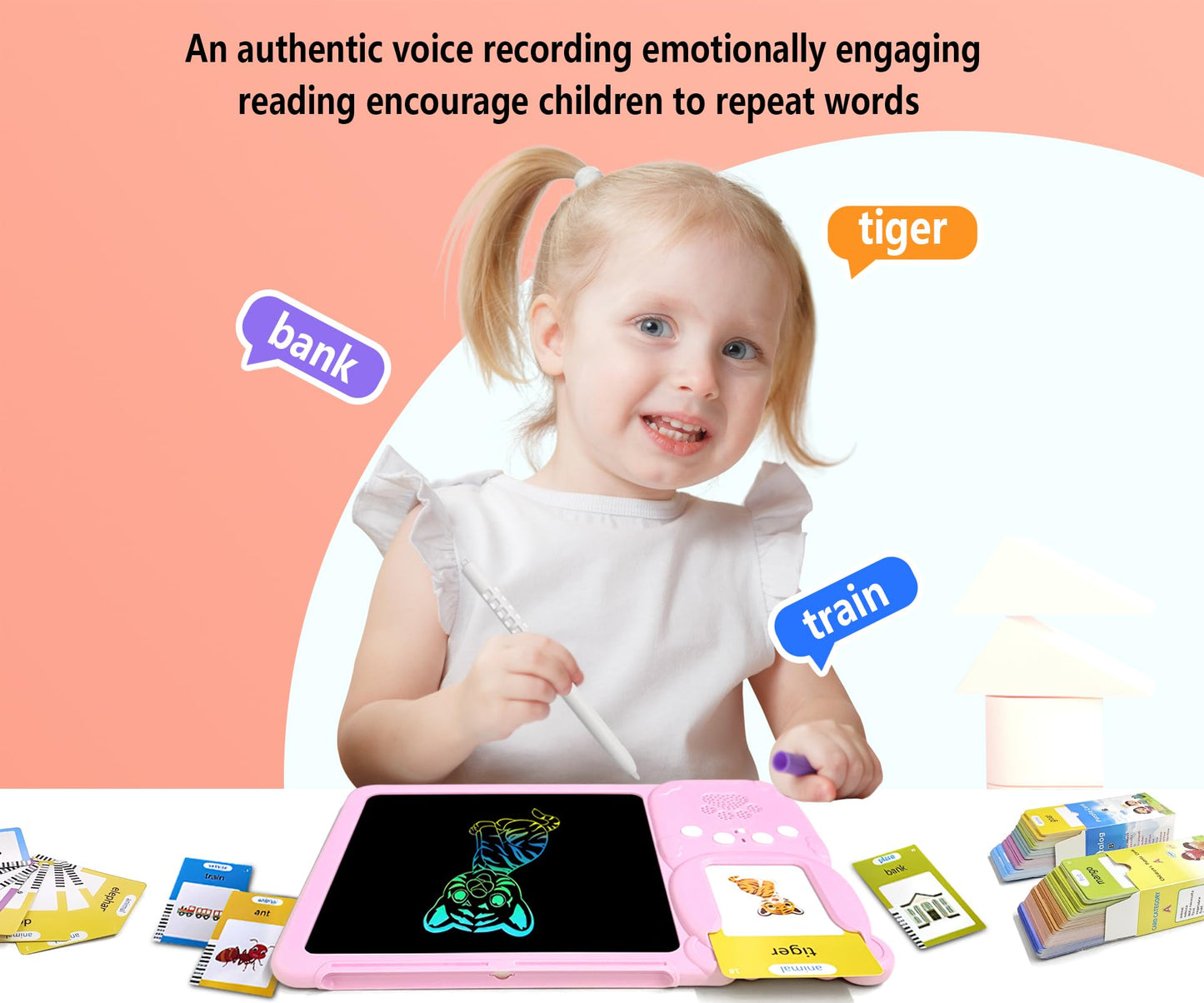 Rylai Toddler Talking Flash Cards – 510 Sight Words with Drawing Tablet | Autism-Friendly Sensory Toy (Pink)