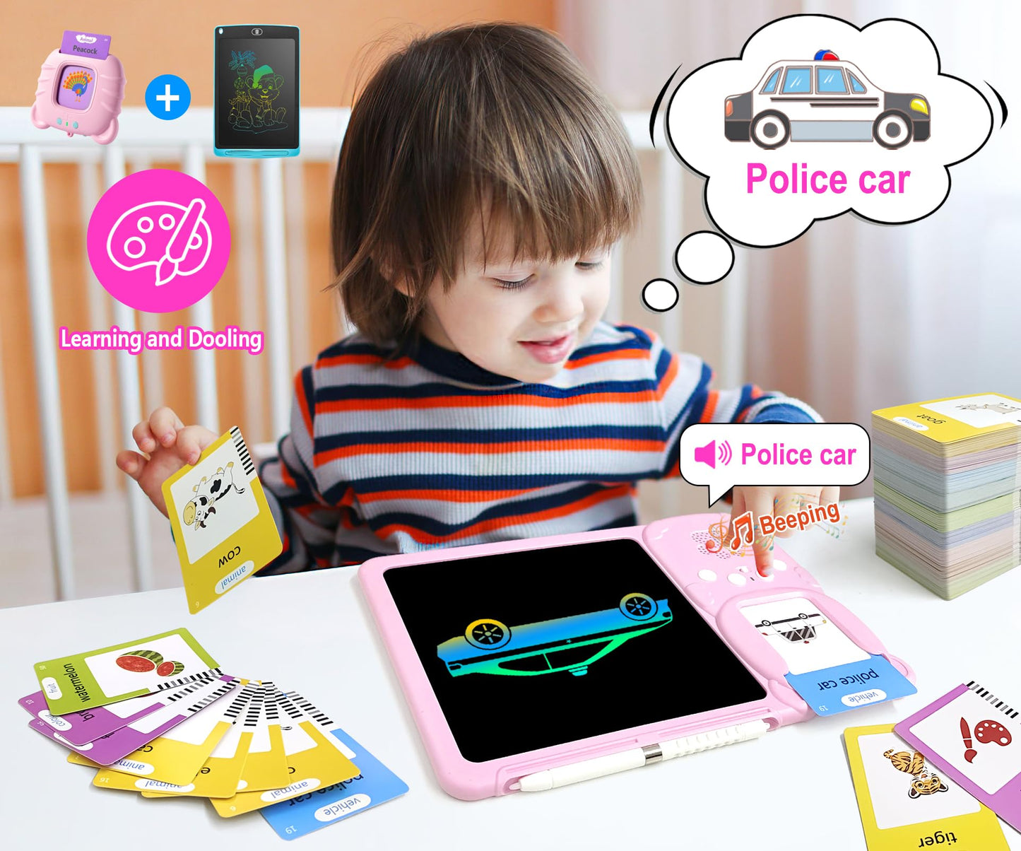 Rylai Toddler Talking Flash Cards – 510 Sight Words with Drawing Tablet | Autism-Friendly Sensory Toy (Pink)