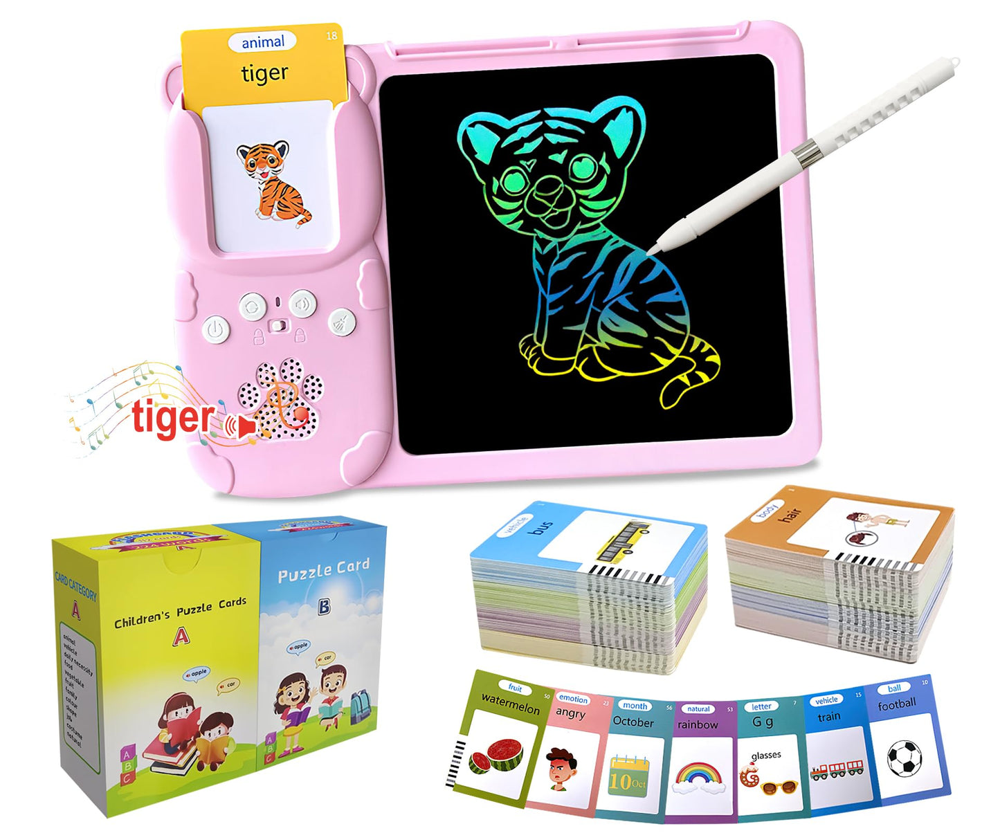 Rylai Toddler Talking Flash Cards – 510 Sight Words with Drawing Tablet | Autism-Friendly Sensory Toy (Pink)